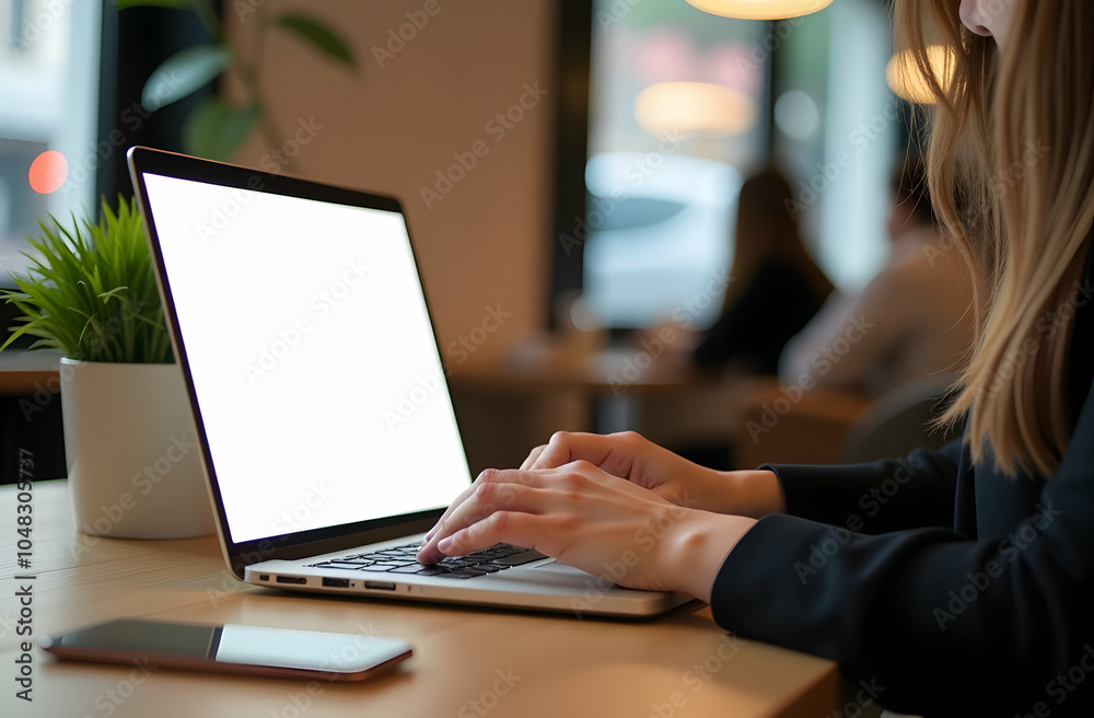 Layout image of an adult woman's hands using a laptop with a blank white screen in a cafe with soft bokeh light in the background. On the table is a phone Layout image of an adult woman's hands using a laptop with a blank white screen in a cafe with soft bokeh light in the background. On the table is a phone