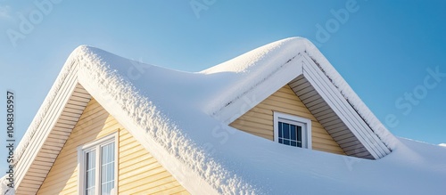 Residential roof covered in snow on a sunny day in a North American suburb.