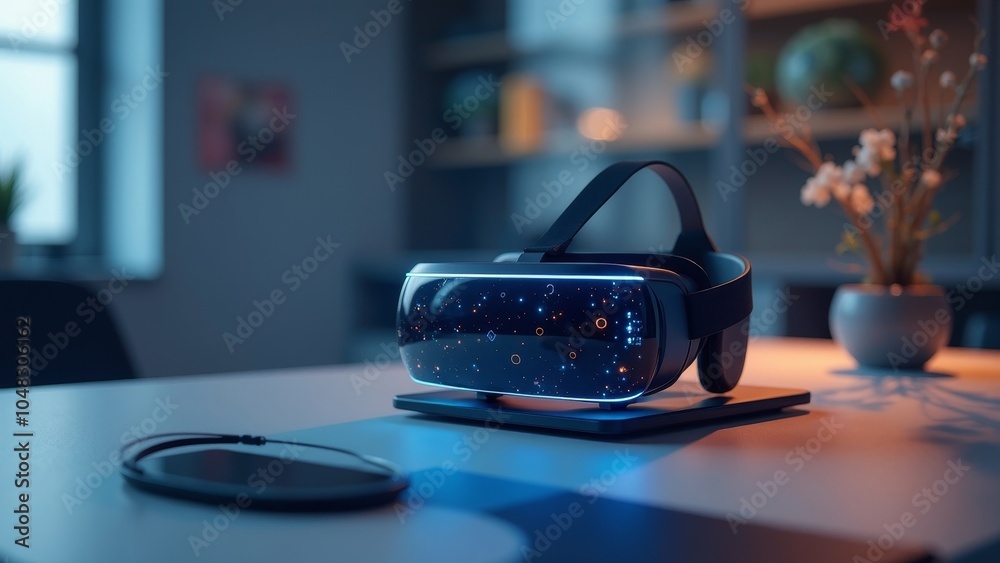 Futuristic Augmented Reality Headset on Sleek Desk in Modern Workspace Futuristic Augmented Reality Headset on Sleek Desk in Modern Workspace