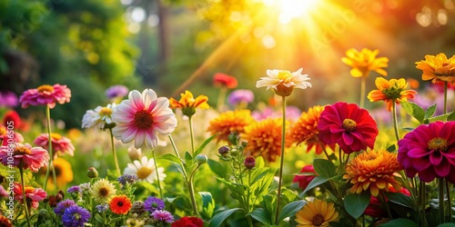 Vibrant Floral Blooms of Joy in a Sunlit Garden Scene Captured with Rule of Thirds