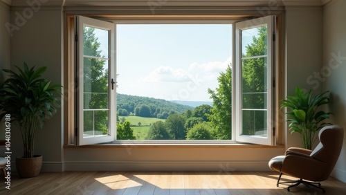 Refreshing Views: Beautiful Nature Scene Through a Large Open Window