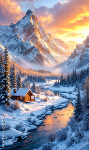 Snowy landscape of a mountain with a river and a house at sunset