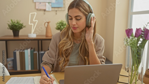 A focused woman with headphones studies at her laptop in a cozy, well-decorated room. photo