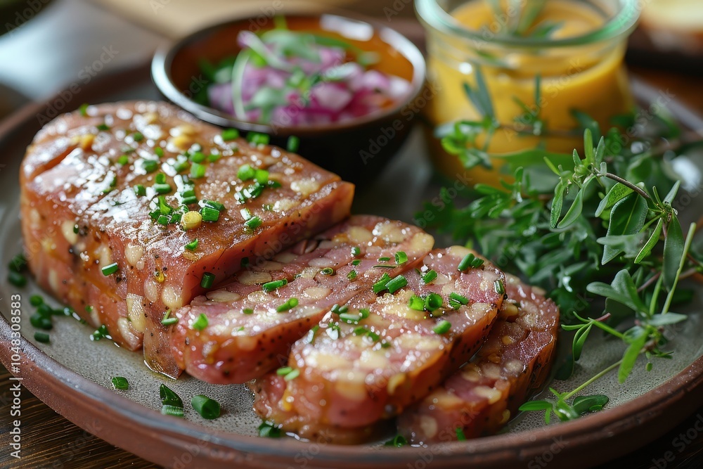 A serving of holodets, a savory meat jelly made from pork or chicken, sliced and served with mustard and horseradish A serving of holodets, a savory meat jelly made from pork or chicken, sliced and served with mustard and horseradish