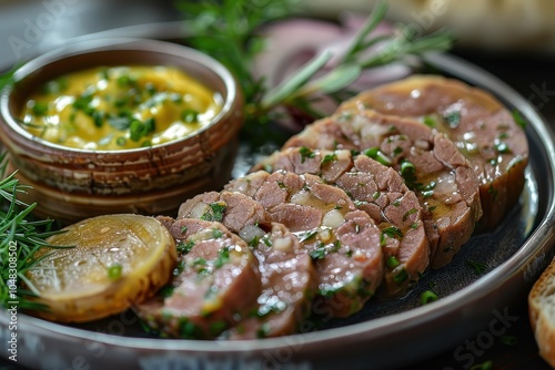 A serving of holodets, a savory meat jelly made from pork or chicken, sliced and served with mustard and horseradish photo