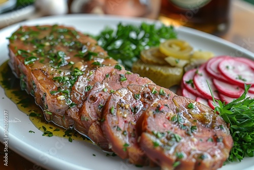 A serving of holodets, a savory meat jelly made from pork or chicken, sliced and served with mustard and horseradish photo