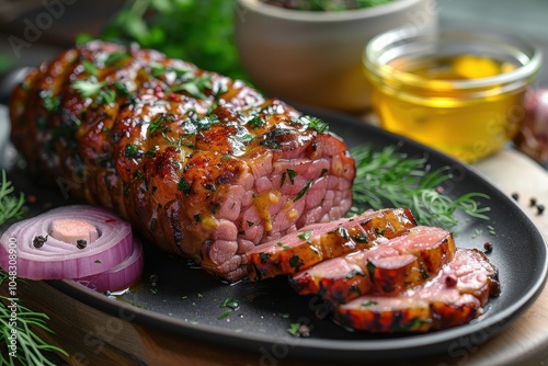 A serving of holodets, a savory meat jelly made from pork or chicken, sliced and served with mustard and horseradish photo