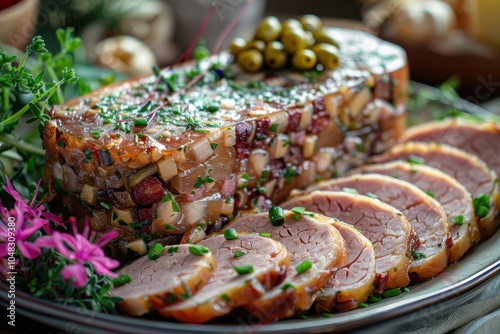 A serving of holodets, a savory meat jelly made from pork or chicken, sliced and served with mustard and horseradish photo