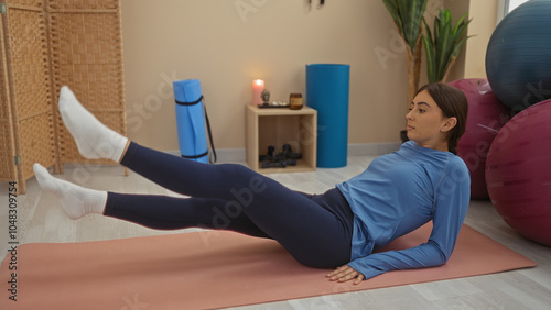 Woman exercising on a mat in a gym interior, performing leg raises with blue fitness bolster and exercise balls in the background, showcasing athleticism and dedication photo
