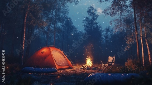 Cozy spring camping night, tent, sleeping bags, campfire, forest surroundings, warm atmosphere --ar 16:9 --v 6.1 Job ID: 10687d63-8e69-44ca-9765-6949a2fc0885