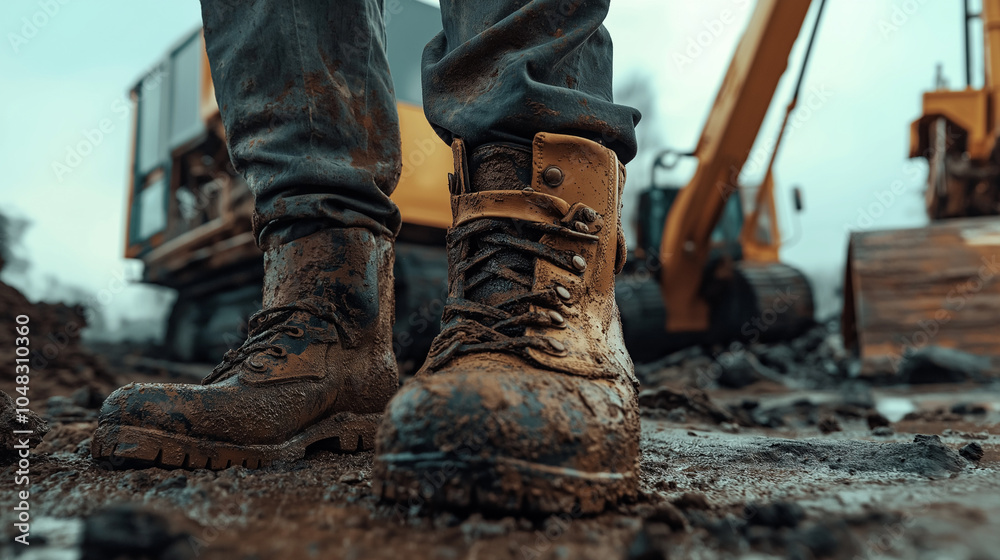 Close up of muddy work boots with a piece of construction equipment in the background. Close up of muddy work boots with a piece of construction equipment in the background.
