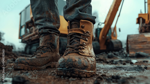 Close up of muddy work boots with a piece of construction equipment in the background.