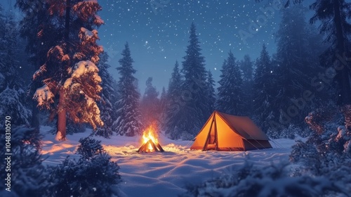 Winter camping, cozy campfire, tent, in a snowy pine forest --ar 16:9 -