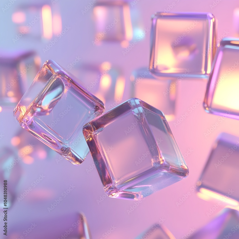 Mesmerizing 3D abstract design featuring a serene arrangement of floating transparent cubes illuminated by soft gradient lighting creating a captivating reflection on a smooth sleek surface Mesmerizing 3D abstract design featuring a serene arrangement of floating transparent cubes illuminated by soft gradient lighting creating a captivating reflection on a smooth sleek surface