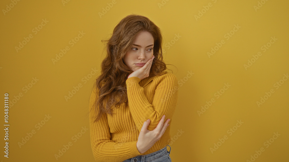 A young, beautiful, attractive caucasian woman stands isolated over a yellow background, wearing a cozy sweater and looking thoughtful. A young, beautiful, attractive caucasian woman stands isolated over a yellow background, wearing a cozy sweater and looking thoughtful.