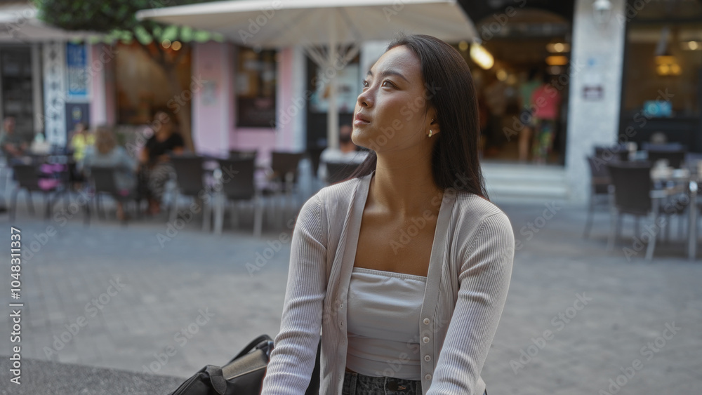 Fototapeta premium Asian woman sitting outdoors in an urban area, surrounded by people at a street cafe, looking pensive.