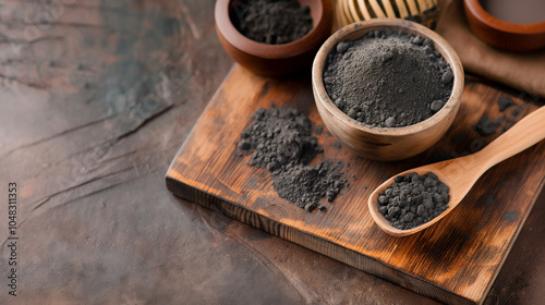 Close-up of a wooden spoon filled with black clay powder for skincare on a rustic wooden table. photo