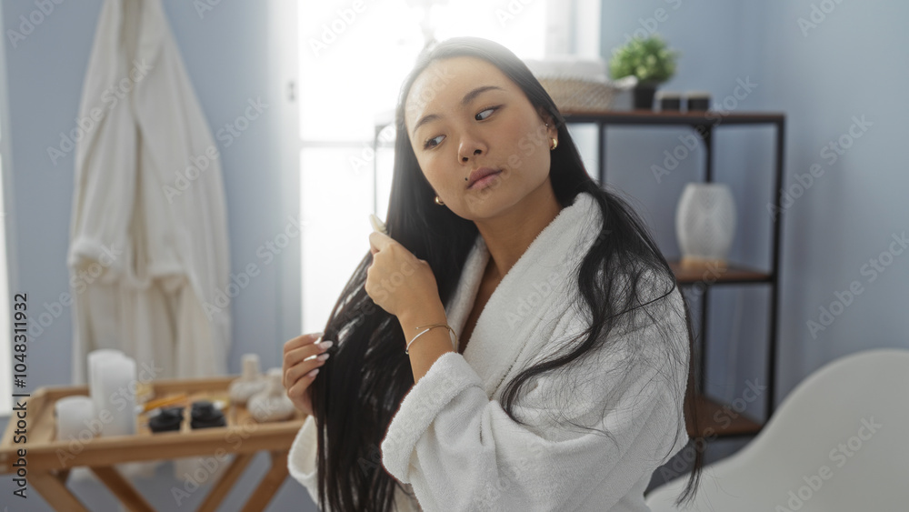 Beautiful young chinese woman in a spa room, wearing a white robe, combing her long hair, surrounded by a serene and tranquil beauty center interior.