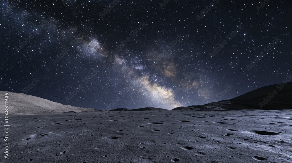 Serene Lunar Night Landscape with Milky Way and Twinkling Stars Reflecting off Moon's Surface Serene Lunar Night Landscape with Milky Way and Twinkling Stars Reflecting off Moon's Surface