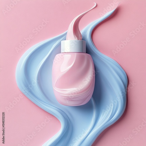 A bottle of pink lotion placed on a soft pastel background with flowing swirl...