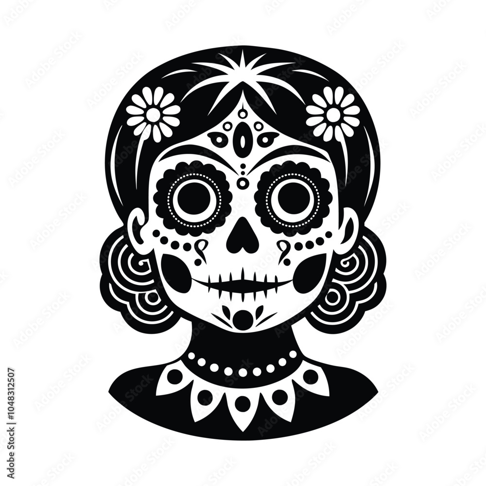 Elegant Black and White Sugar Skull Woman Illustration for Day of the Dead Elegant Black and White Sugar Skull Woman Illustration for Day of the Dead