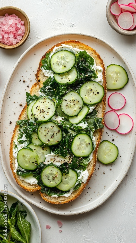 Fresh cucumber and radish sandwich on toasted bread with herbs and greens in a minimalist setting