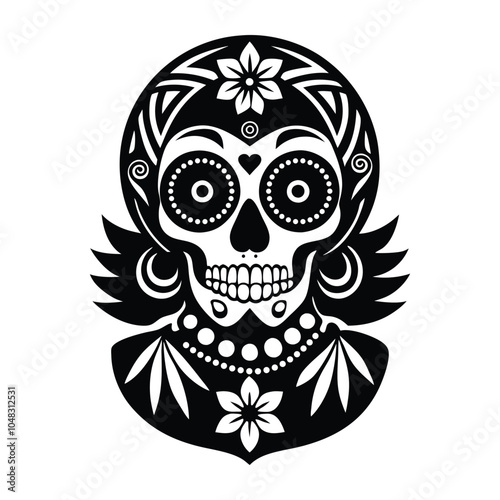 Elegant Black and White Sugar Skull Woman Illustration for Day of the Dead