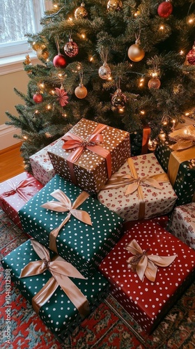 Colorful wrapped gifts under a Christmas tree with ornaments and warm lightin...