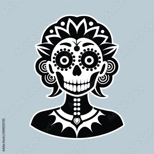 Elegant Black and White Sugar Skull Woman Illustration for Day of the Dead
