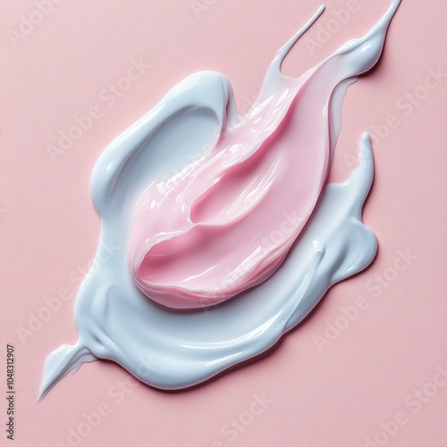 A bottle of pink lotion placed on a soft pastel background with flowing swirl...