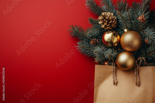 Festive holiday arrangement featuring ornaments and greenery on a bright red ...