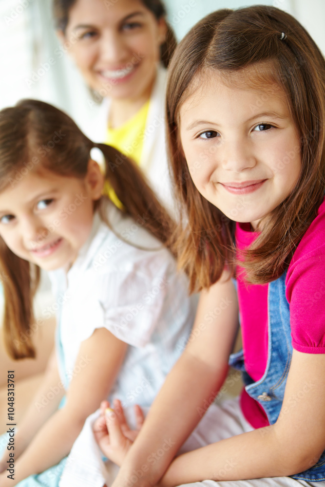 Family, mom or portrait of girl in home for fun or development in living room of house. Relax, sisters or face of confident kid in Spain bonding with parent blur for happiness, comfort or siblings Family, mom or portrait of girl in home for fun or development in living room of house. Relax, sisters or face of confident kid in Spain bonding with parent blur for happiness, comfort or siblings