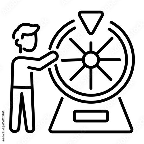 A person rotating a lottery wheel, line style icon 