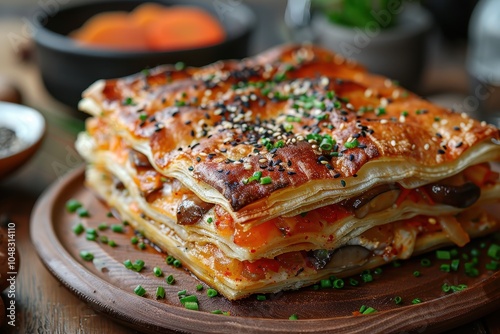 A serving of kulebyaka with a decorative pastry crust, filled with layers of fish, rice, and mushrooms. photo