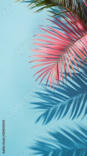 Vibrant palm leaves casting shadows on a bright pink blank canvas in a tropic...