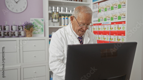 Elderly caucasian man in a pharmacy shop indoors, working on a computer while wearing glasses and a white lab coat.