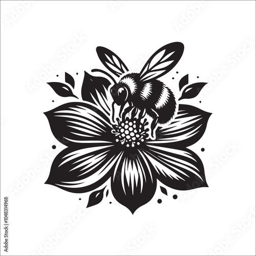 Bumble Bee Flower Clipart SVG black and white silhouette Vector Design