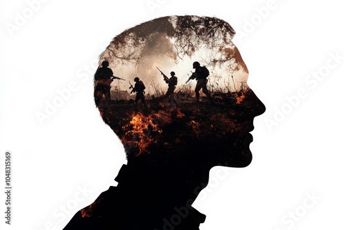 Man head silhouette with war scene. Ai generative art