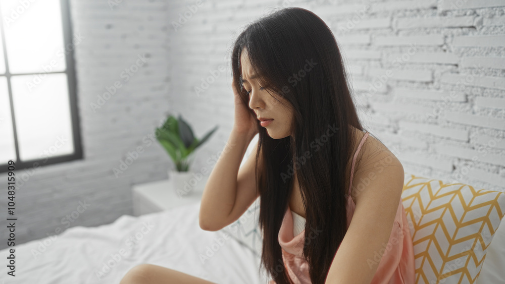 Young, attractive, asian woman with a headache sitting in a modern, bright bedroom with white brick walls, looking distressed while sitting on a bed. Young, attractive, asian woman with a headache sitting in a modern, bright bedroom with white brick walls, looking distressed while sitting on a bed.