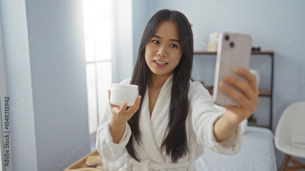 Woman taking selfie in spa room wearing white robe holding cream jar with blue background creating relaxing wellness ambiance Woman taking selfie in spa room wearing white robe holding cream jar with blue background creating relaxing wellness ambiance