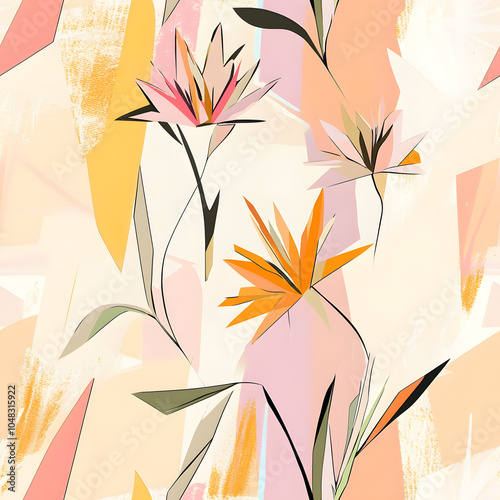 Whimsical Floral and Foliage Designs seamless pattern: Playful Doodles, Geometric Leaves, and Elegant Wildflowers in Bold and Soft Color Palettes. photo