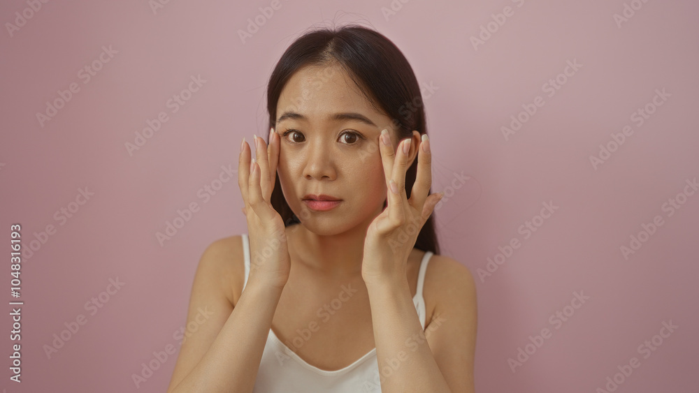 Chinese woman isolated over a pink background, posing with hands near face, showcasing beauty and skincare. Chinese woman isolated over a pink background, posing with hands near face, showcasing beauty and skincare.