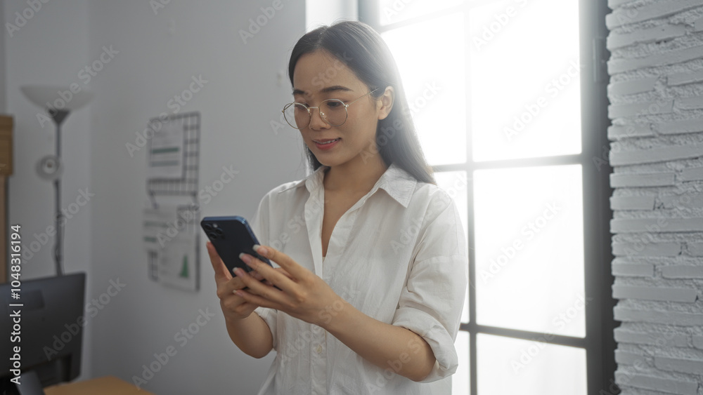 Young chinese woman in an office room looking at her phone, showcasing a modern and professional indoor workplace setting