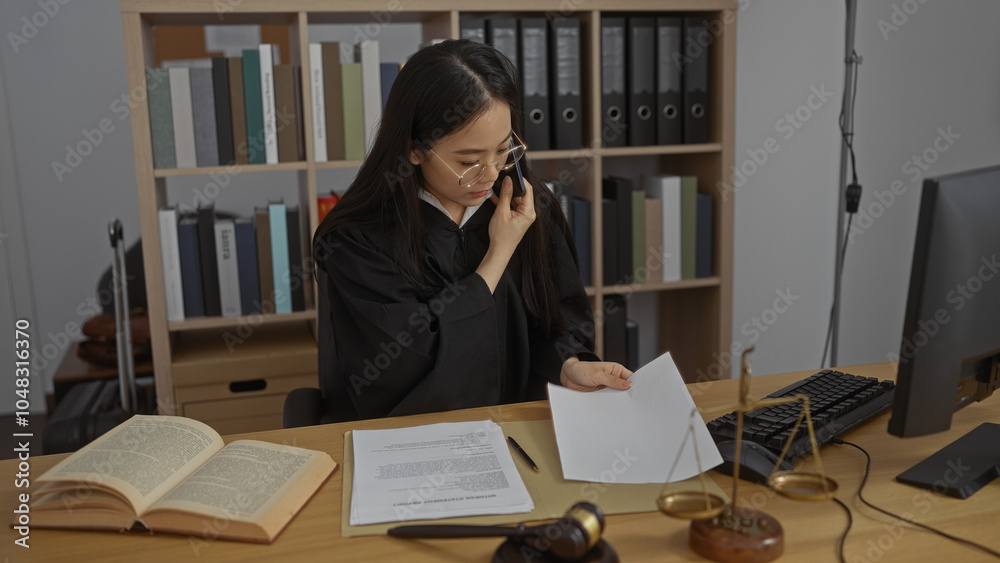 Woman talking on phone in office, attractive young adult, lawyer reading documents, judge working in courtroom interior, legal books and gavel, professional workplace in china. Woman talking on phone in office, attractive young adult, lawyer reading documents, judge working in courtroom interior, legal books and gavel, professional workplace in china.