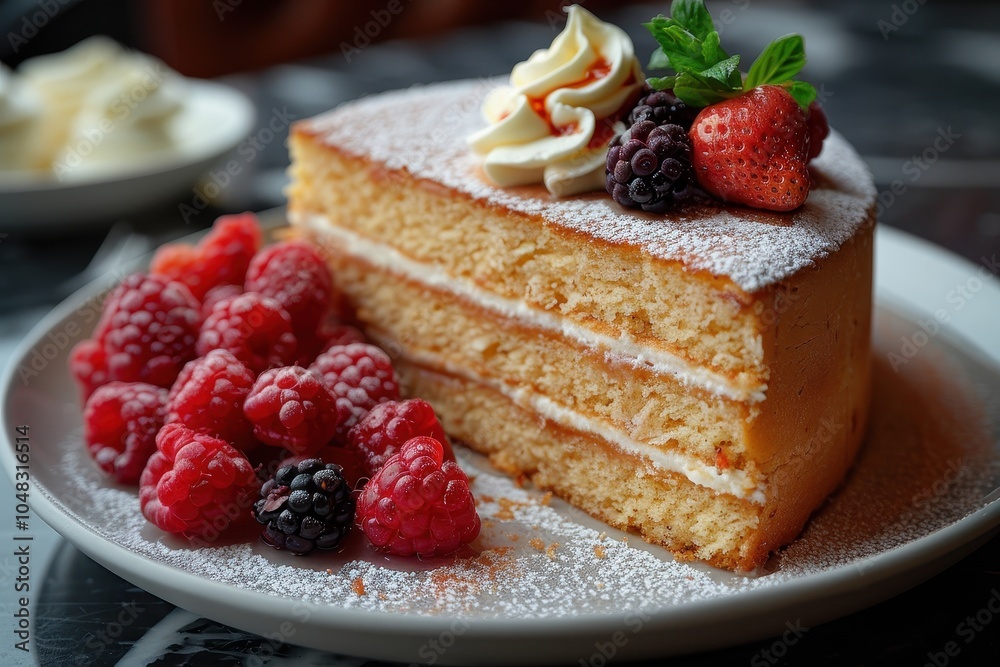 A serving of medovik, Russian honey cake, with a side of whipped cream and fresh berries. A serving of medovik, Russian honey cake, with a side of whipped cream and fresh berries.