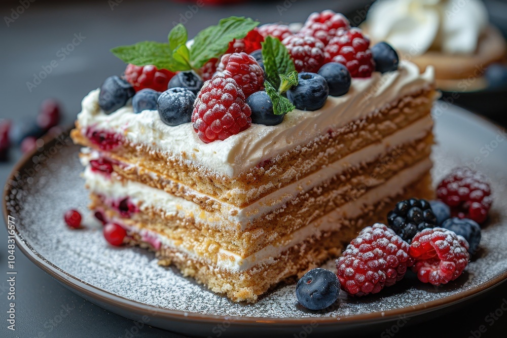 A serving of medovik, Russian honey cake, with a side of whipped cream and fresh berries. A serving of medovik, Russian honey cake, with a side of whipped cream and fresh berries.