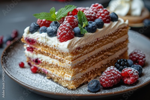 A serving of medovik, Russian honey cake, with a side of whipped cream and fresh berries.