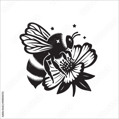Bumble Bee Flower Clipart SVG black and white silhouette Vector Design