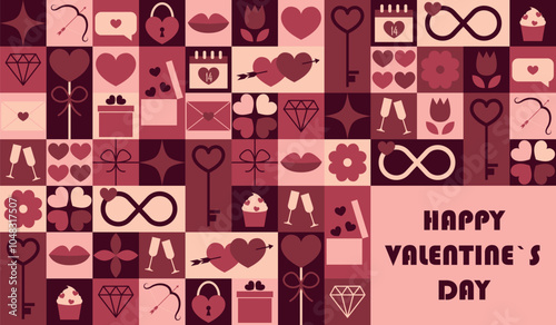 Vector horizontal banner for Valentine's Day with geometric elements including heart, gift, cupcake, arrow, message, envelope, flower