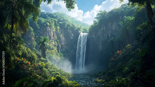 A dramatic jungle landscape with a powerful waterfall plunging into a deep chasm, surrounded by towering trees and vibrant foliage, real photo, stock photography